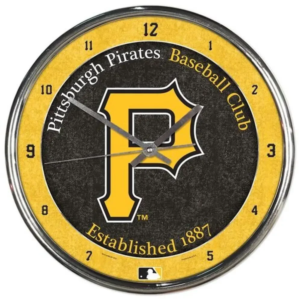 Pittsburgh Pirates Clock Round Chrome Retro Wall Bar 12 Inch New Fan Cave